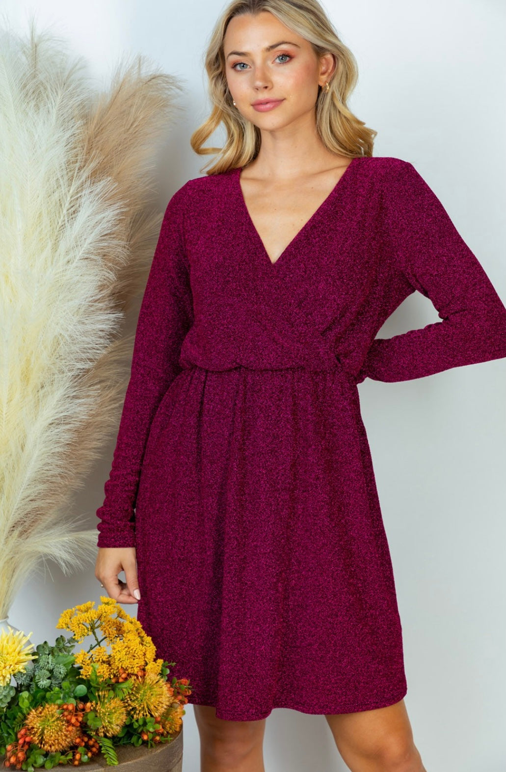 Long sleeve hot sale magenta dress