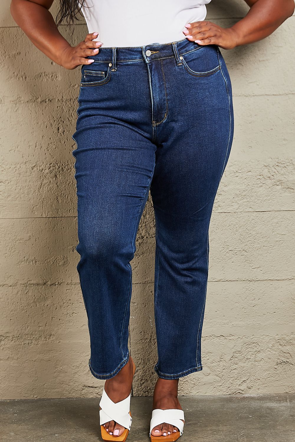 Straight Fit High waist Jeans, Dark Blue