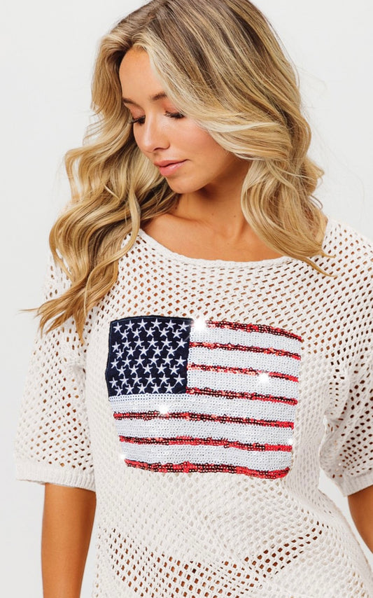 Sequin American Flag Patch Knit Top