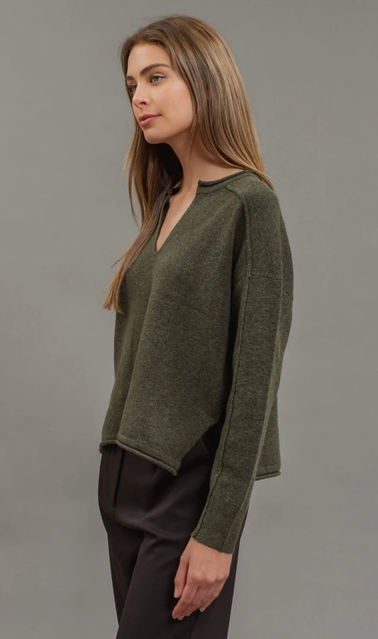 Exposed Seam Split Neck Knit Sweater