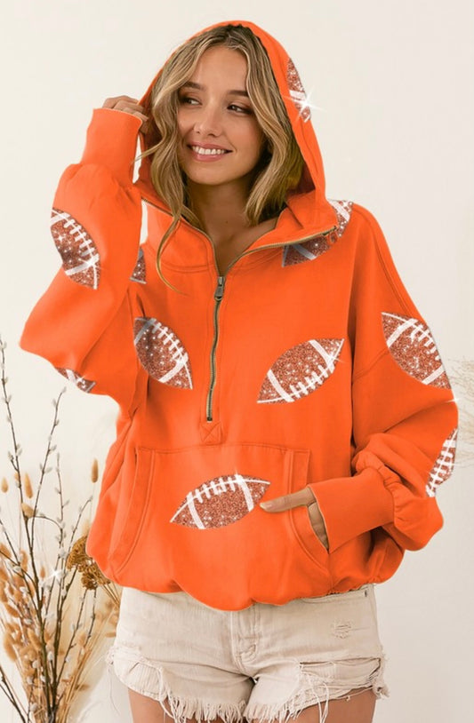 Orange Sequin Football Half Zip