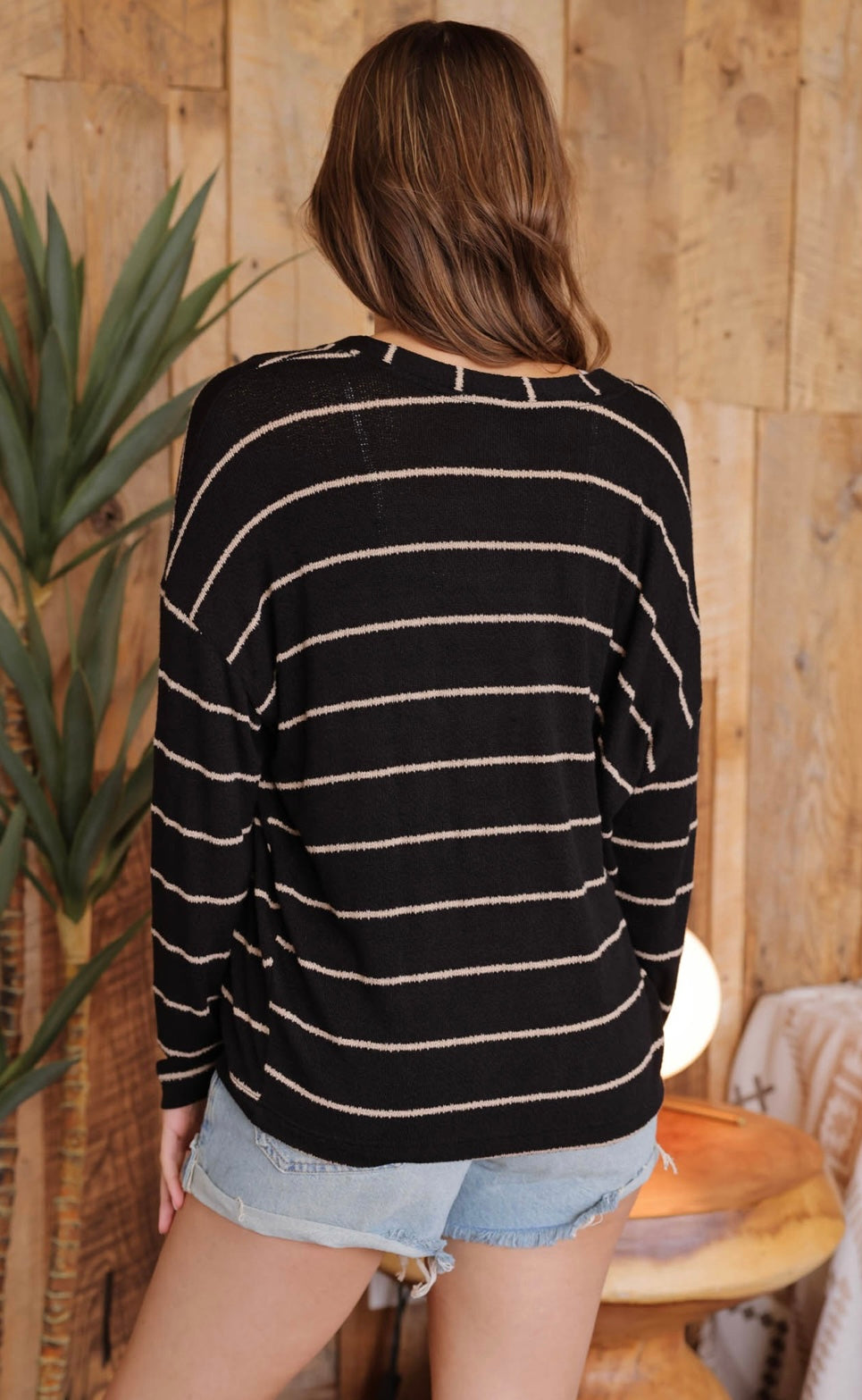 Striped V Neck Drop Shoulder Top