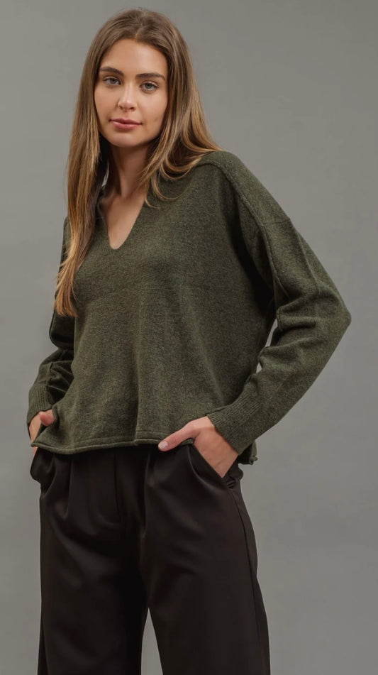 Exposed Seam Split Neck Knit Sweater