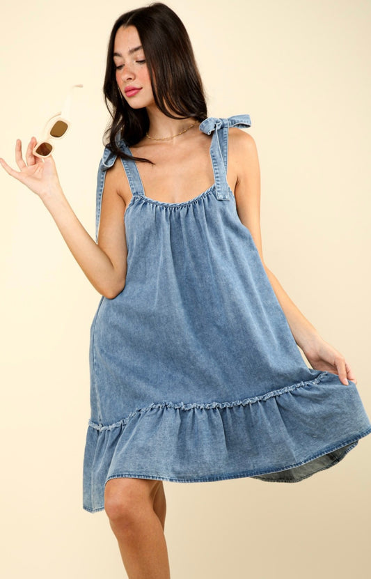 Shoulder Tie Washed Denim Mini Dress