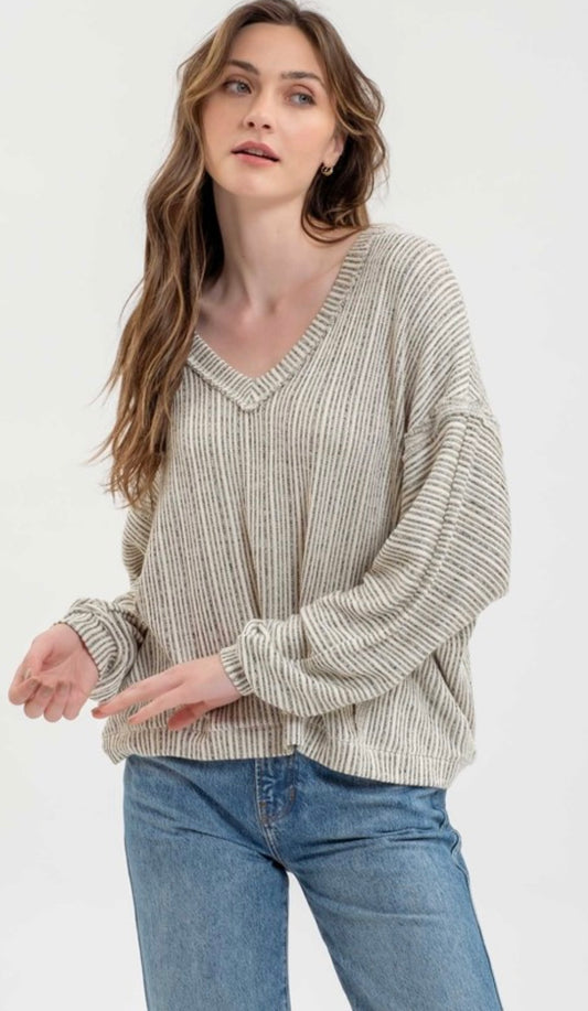 Striped Drop Shoulder V Neck Top