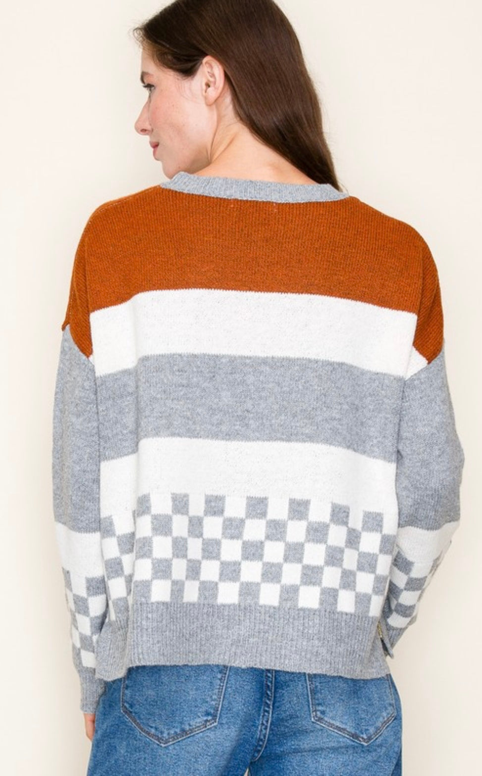 Colorblock Checkerboard Pullover Sweater