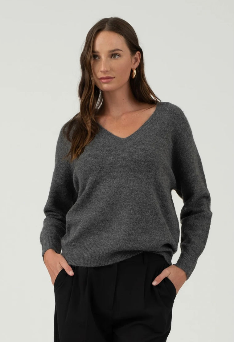 Solid V Neck Drop Shoulder Sweater