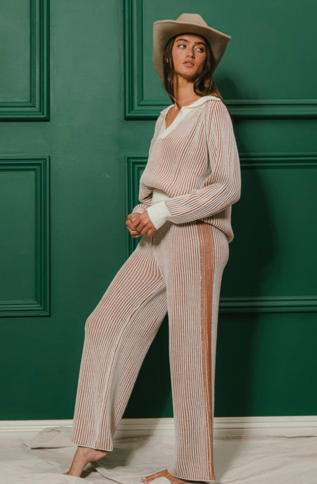 Two Tone Rib Texture Sweater Set