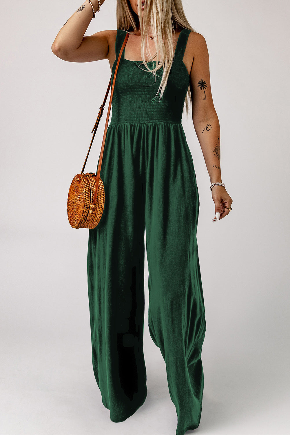Smocked Square Neck Wide Leg Jumpsuit with Pockets – Perfect