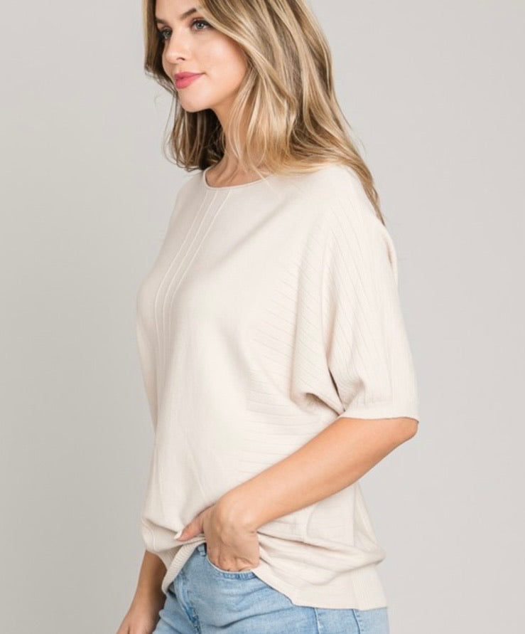 Soft fine gauge short sleeve dolman sweater